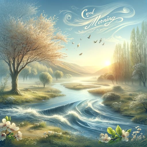 A refreshing good morning image of a scenic spring landscape with blooming trees and a flowing river.