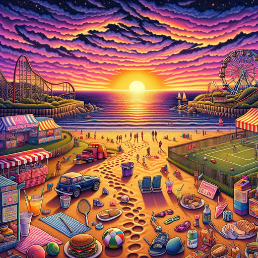 A vibrant summer sunrise scene, with a golden sun, beach, tennis court, amusement park, picnic area, and summer festival lanterns in the background. Good morning image.