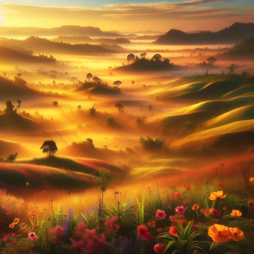 An early morning scene of rolling hills and vibrant fields covered in a soft mist, illuminated by a warm golden sun, perfect for a good morning greeting.