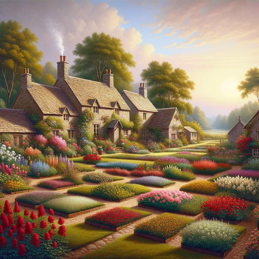 A serene countryside morning with smoke rising from cottage chimneys and blossoms greeting the day, good morning image.