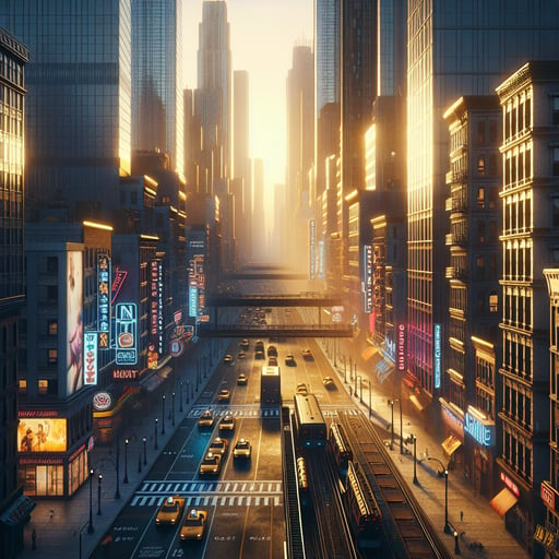 A vibrant good morning image depicting a bustling city morning with gleaming skyscrapers, neon signs, and taxis lined up under the golden sunrise.