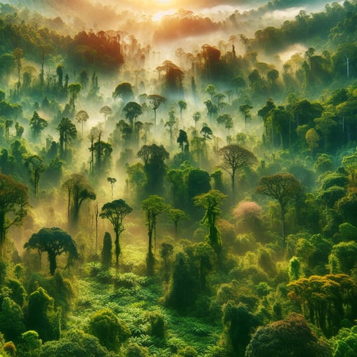 A good morning image showcasing a dense and vibrant forest at dawn, rich with diverse flora and tranquil beauty.
