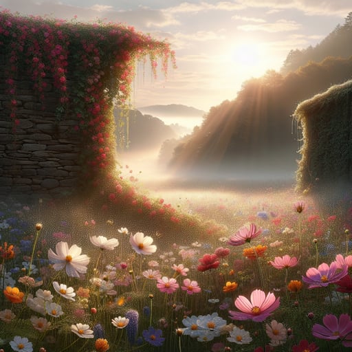 A serene morning scene with a vast field of wild flowers under a glowing sun, featuring dew-kissed petals and ancient stone walls adorned with roses and ivy, radiating calmness - good morning image.