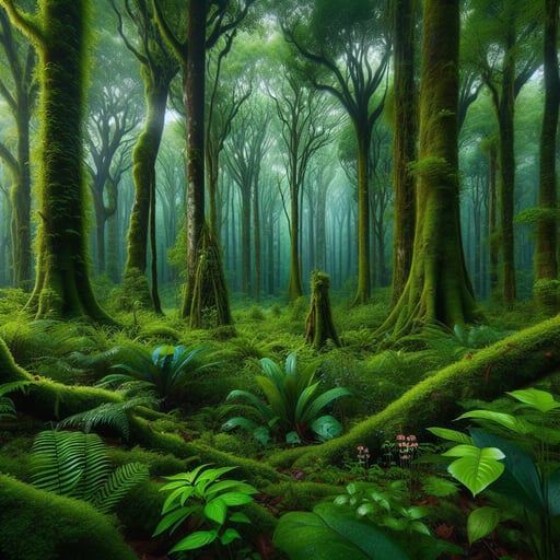 Dawn breaks over a lush forest, illuminating vivid green foliage and colorful blooms in this good morning image.