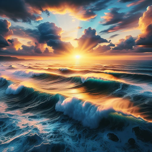 Good morning image of a vast ocean at dawn, the horizon blushing with golden sunlight and waves in a powerful dance.