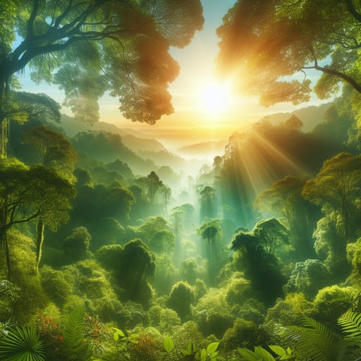 A serene good morning image capturing the vibrant green forest kissed by the majestic morning sun.