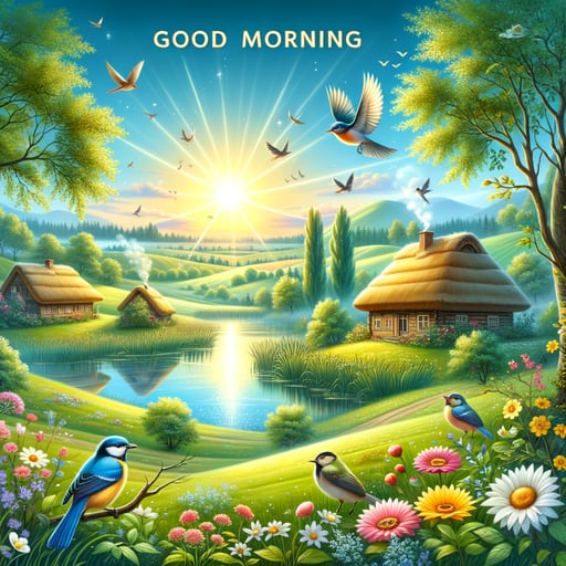 Tranquil morning in the countryside with meadows, a reflective lake, thatched cottages, songbirds, and blooming flowers, accompanied by 'Good morning' text.