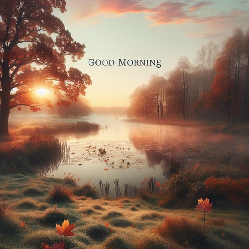 Autumn morning scene with dew on grass, mist rising, serene lake reflecting sunrise, and colorful leaves - good morning image