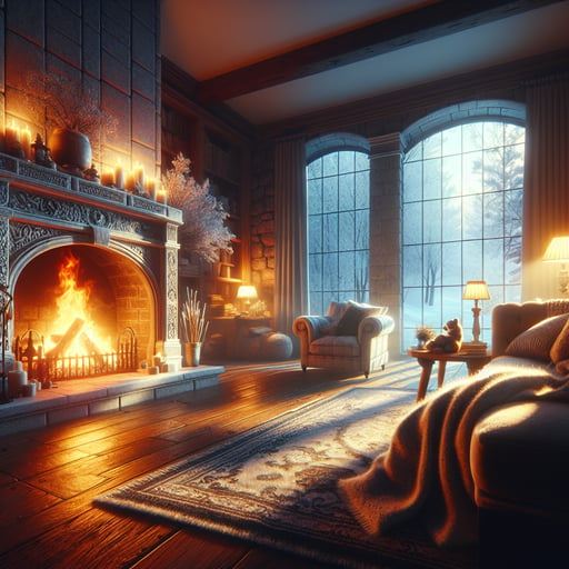 A cozy room lit by the warm glow of a fireplace, plush furniture around, creating a perfect good morning image.