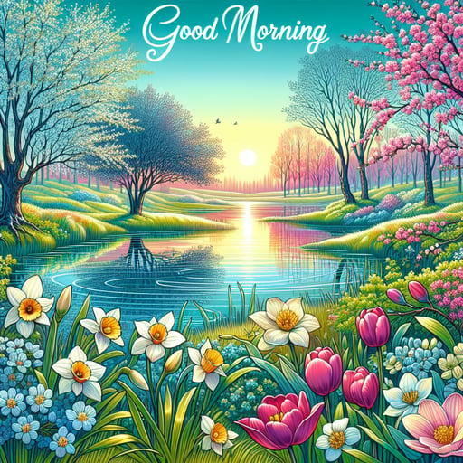 A serene landscape of a spring morning, with blooming flowers, dewy grass, and a calm lake under a soft, blue sky saying 'Good Morning'.