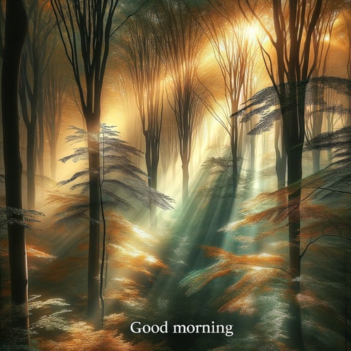 An enchanting early morning scene in a forest, sunlight sifting through leaves, with 'Good morning' subtly in view.