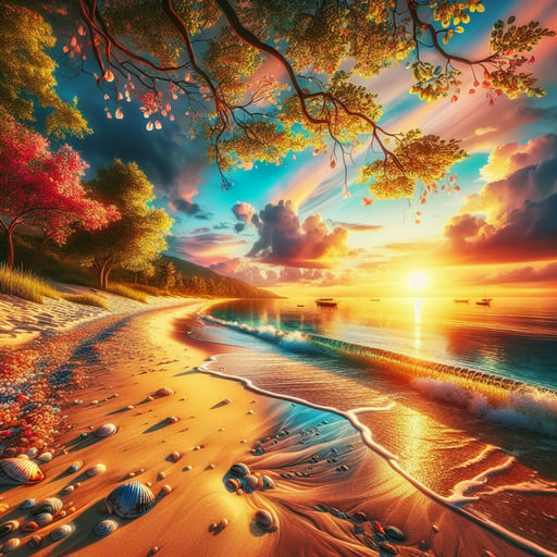 A good morning image with a serene beach, sunrise, golden sand, seashells, lush trees, and blooming flowers.