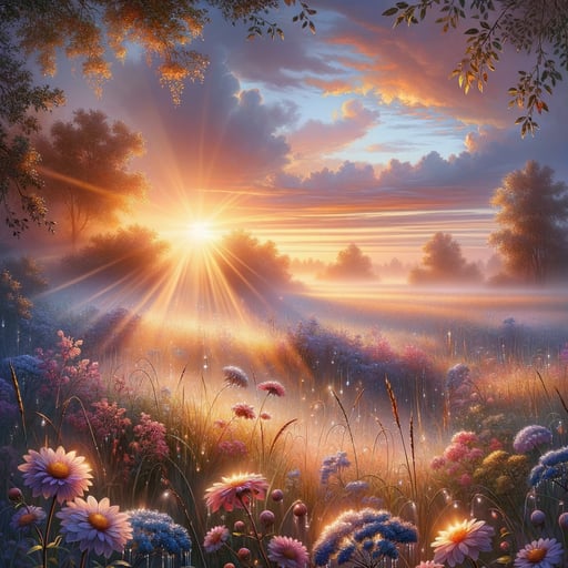 Serene sunrise over a dewy meadow with light playing on flowers, symbolizing peaceful, romantic unions, good morning image.