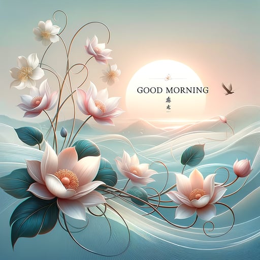 A soothing good morning image of elegant flowers swaying gently in a soft morning breeze, symbolizing serenity.