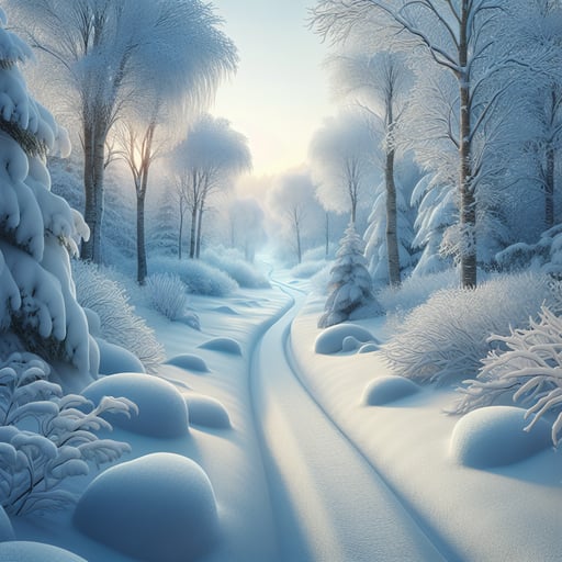 Path winding through snowy trees in a tranquil winter landscape at dawn, untouched and peaceful, perfect for a serene good morning image
