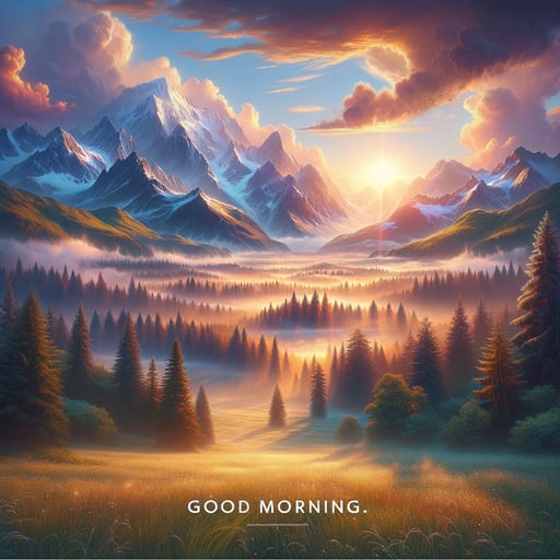 A stunning good morning image of a tranquil sunrise over a snowy mountain, with rays peeking through misty woods.