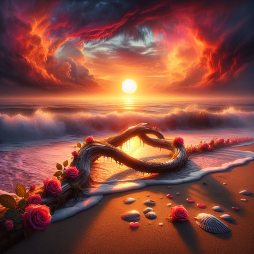 A serene beach at sunrise with symbolic driftwood, sea shells, and roses indicating a romantic encounter, good morning image