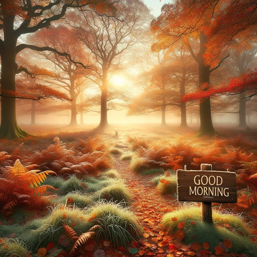 Crisp autumn morning scene with trees in red, orange, and yellow, fallen leaves, dewy grass, frosty air mist, and a 'Good Morning' signboard.