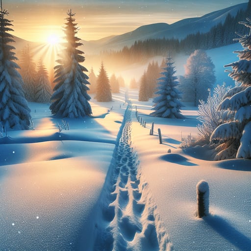 Good morning image of a serene winter landscape during sunrise with a narrow path through untouched snow.