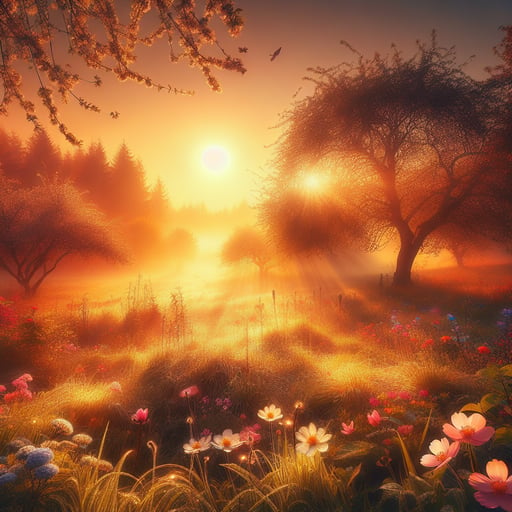 Good morning image capturing a serene and bright spring sunrise, the landscape bathed in golden sunlight, with multicolored blooms and dew-kissed grass.