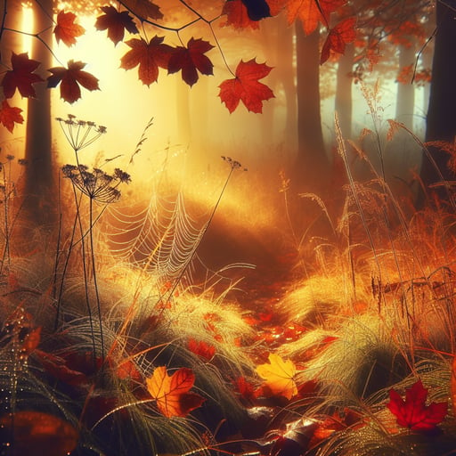 A peaceful autumn morning showcasing colorful fallen leaves, light mist, and dewy spiderwebs, embodying a serene good morning image.