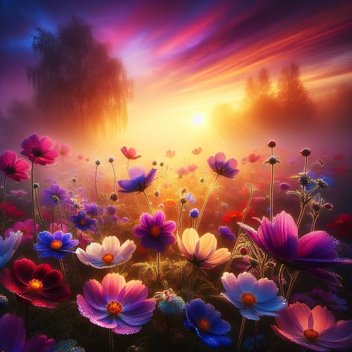 A tranquil morning scene with dew-laden flowers under a vivid dawn sky. Perfect good morning image to start your day.