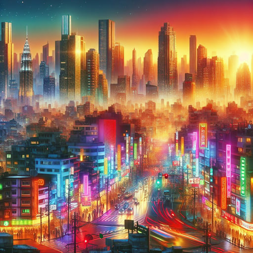 A vibrant cityscape bathed in the golden hue of sunrise, skyscrapers, and streets alive with the early morning glow, epitomizing urban energy without a single pedestrian in sight.