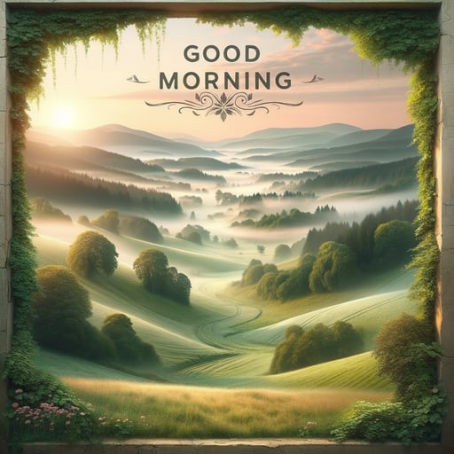 A serene countryside morning with rolling hills and the sun's soft glow greets you in this peaceful good morning image.