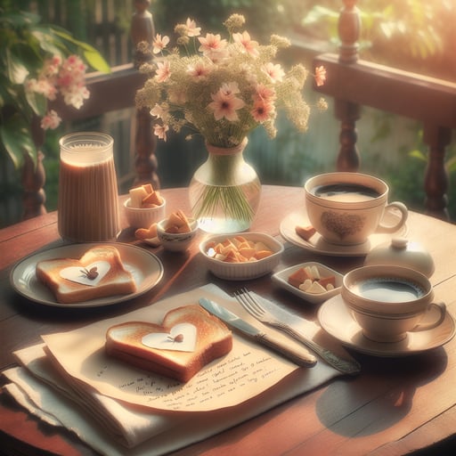 A romantic good morning image of a breakfast table for two outdoors with heart-shaped toast and fresh blossoms.