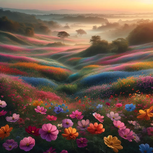 Tranquil morning landscape filled with colorful flowers under a soft dawn light, good morning image.