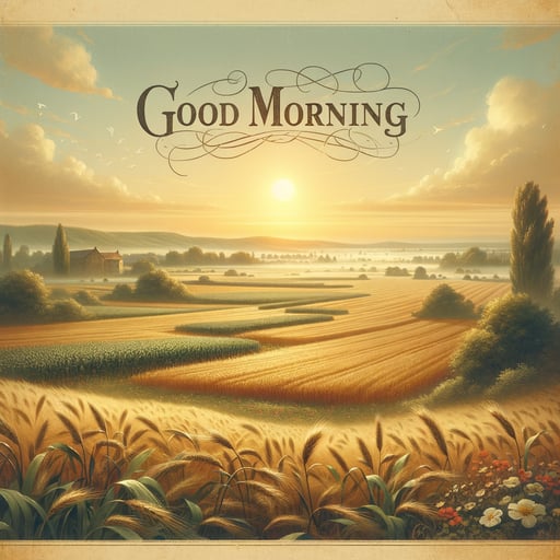 A picturesque good morning image of expansive farmlands, golden sunrise, with elegant 'Good Morning' text.