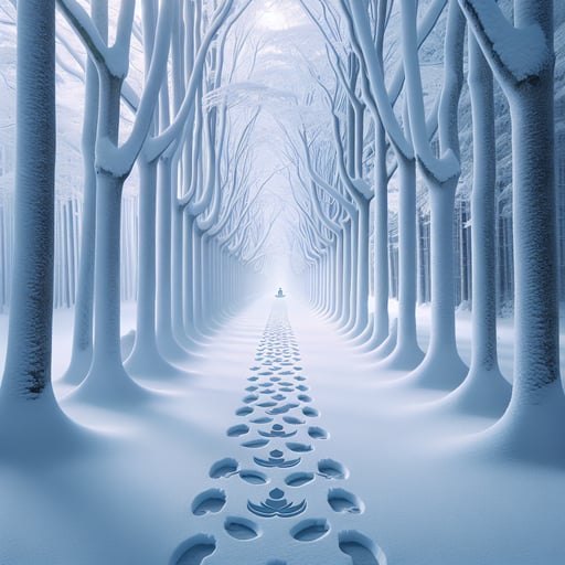 A pristine path through freshly fallen snow on a tranquil winter morning, symbolizing new beginnings and peace, good morning image.