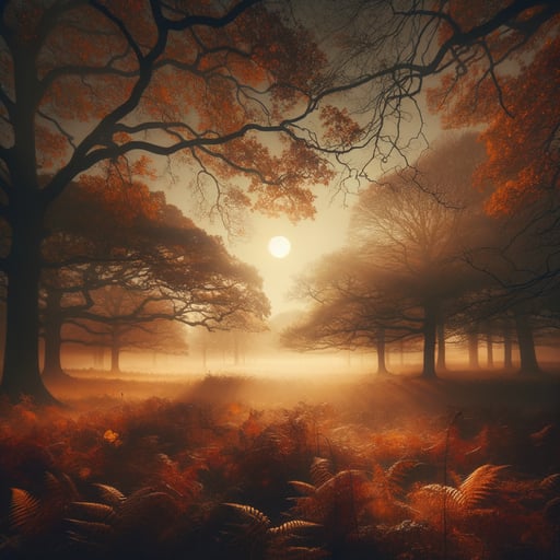 A tranquil autumn morning with sunlit leaves and a gentle mist, perfectly encapsulating a good morning image.