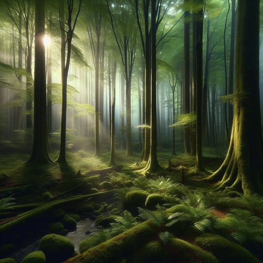 Serene forest at dawn, sunlight piercing through mist among the towering, dew-kissed trees - a perfect good morning image.