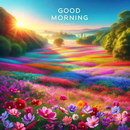 Serene morning landscape with vibrant, blossoming flowers under a clear blue sky, with the text 'Good morning'.