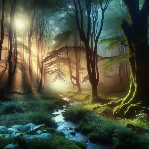 A high-resolution good morning image showcasing an enchanting forest scene illuminated by dawn's soft glow