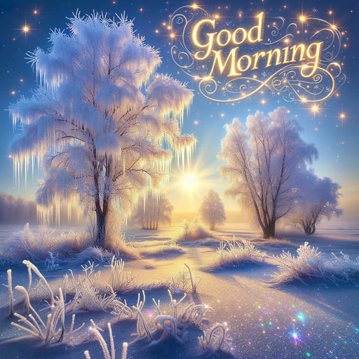 A good morning image depicting a serene winter scene with sparkling frost, shimmering icicles on trees, and a ground covered with snow, reflecting the gentle sunrise.