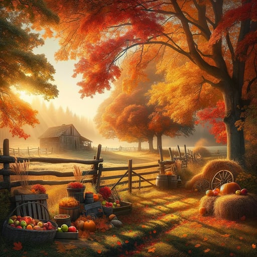 Crisp autumn countryside morning with sun through trees, vibrant leaves, and rustic charm, evoking a serene good morning image.