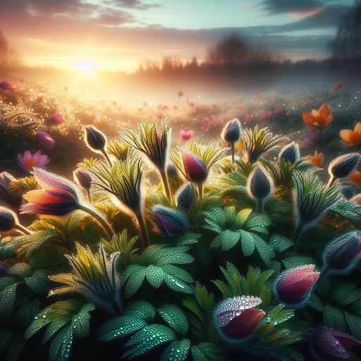 A tranquil good morning image capturing a spring meadow's blossoms with dew-kissed leaves under a pastel sunrise sky.