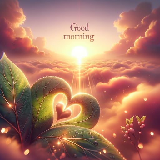 Serene good morning image of a sunrise with soft warm colors and symbols of love like heart-shaped dew on a leaf.