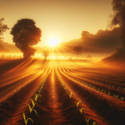 A serene good morning image of a sun-kissed farm landscape at dawn, exuding peace and tranquility.