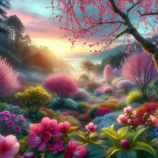 A vibrant good morning image showcasing a serene morning scene with blossoming flowers, capturing nature's beauty in full bloom, void of any living beings.