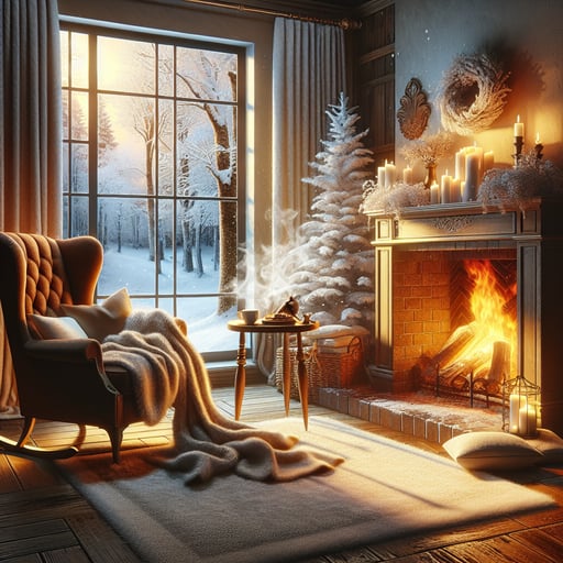 Cozy winter morning by the fireplace, with a steaming cup of cocoa, contrasting the snowy landscape outside, good morning image.