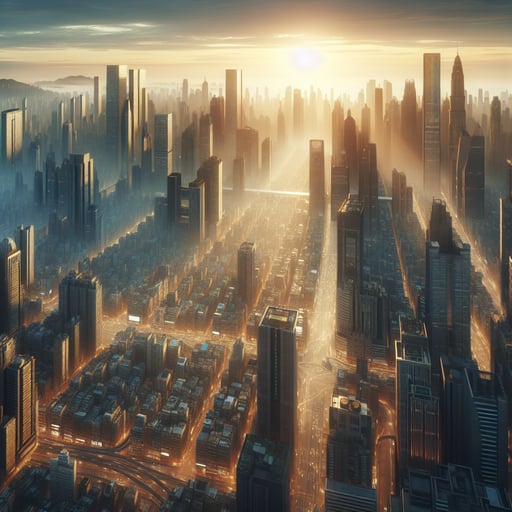Golden sunrise over a bustling city with skyscrapers, symbolizing ambition and determination, good morning image.