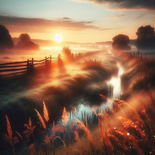 The calm countryside at dawn, with a radiant sunrise warming dew-kissed grass and a tranquil river, capturing the essence of a serene good morning image.