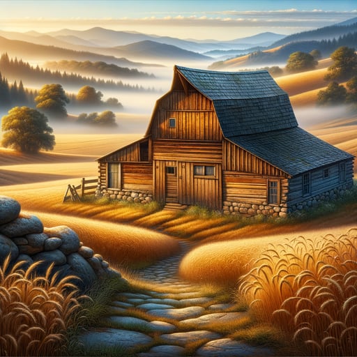 A rustic countryside landscape good morning image, with quaint barns, stone pathways, and dewy golden fields at dawn.