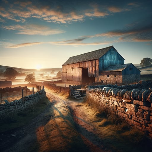 Rustic countryside at dawn featuring a vintage barn, meandering dusty paths, and traditional dry stone walls, capturing a serene good morning image.
