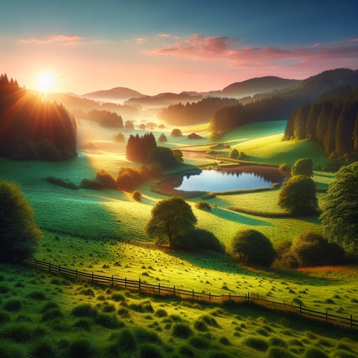 Tranquil countryside sunrise with lush pastures and calm lake, a perfect good morning image