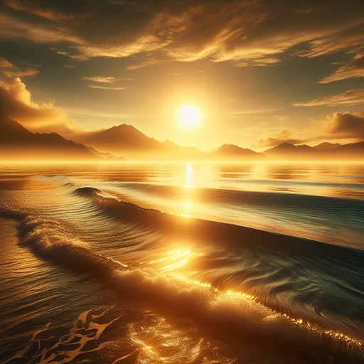 A tranquil ocean at sunrise, where golden light gently plays with the waves, creating a mesmerizing good morning image.