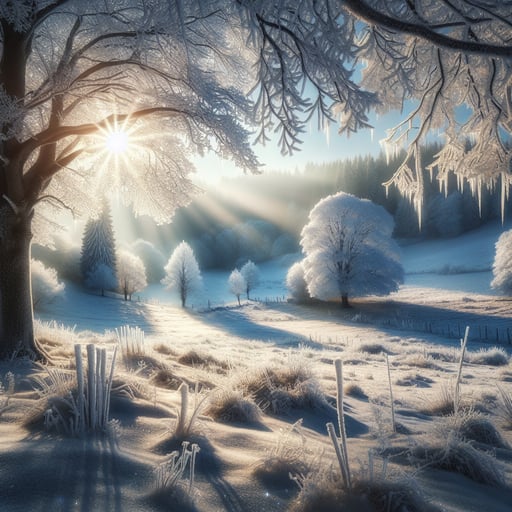 A serene, sparkling winter landscape bathed in the soft glow of sunrise, with frost-coated trees and fields of untouched snow.